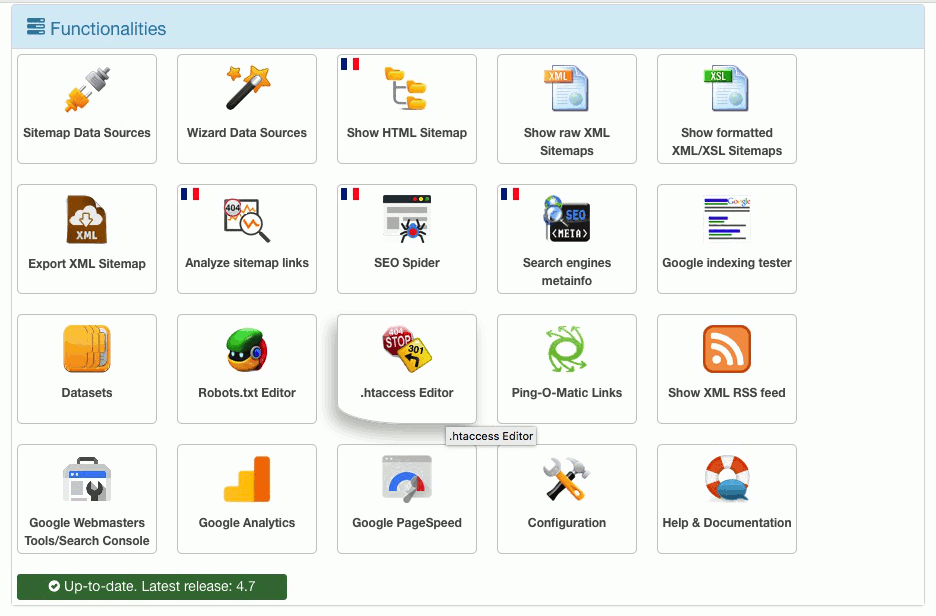 Interface de l'extension JSitemap Pro